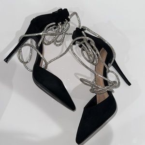 Pointed Toe Lace Up Diamond Heels